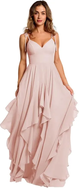 Spaghetti Strap Bridesmaid Dresses for Women Tiered Chiffon A Line Formal Evening Gown IK074