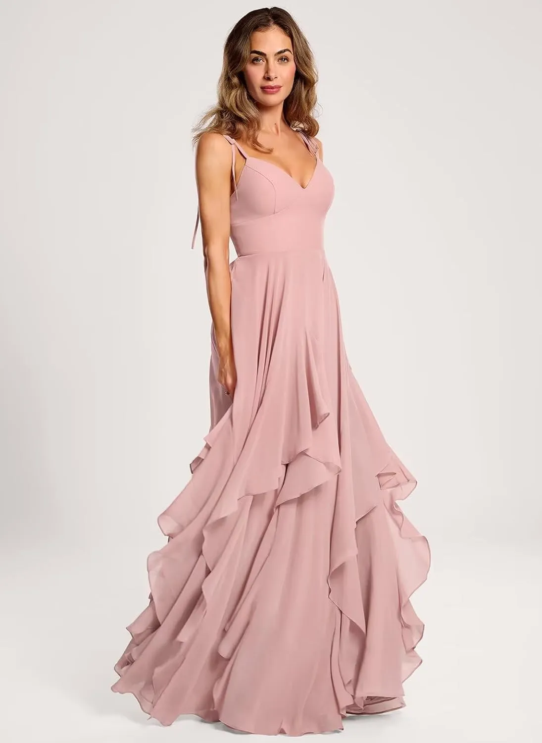 Spaghetti Strap Bridesmaid Dresses for Women Tiered Chiffon A Line Formal Evening Gown IK074