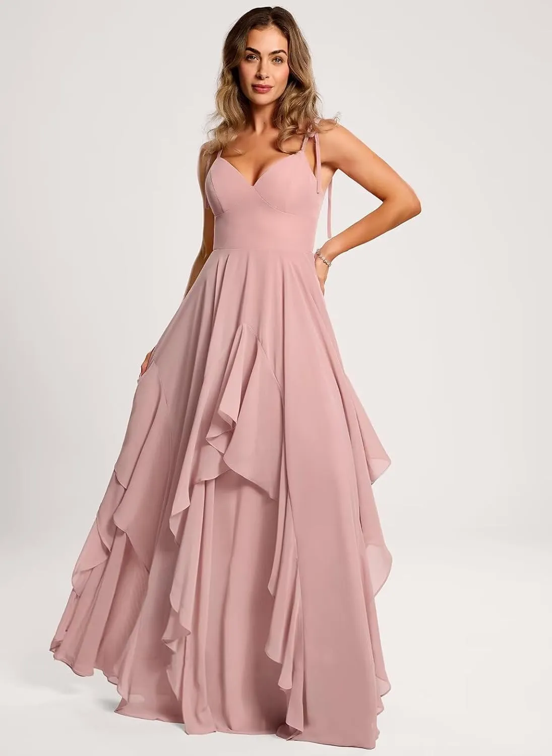 Spaghetti Strap Bridesmaid Dresses for Women Tiered Chiffon A Line Formal Evening Gown IK074