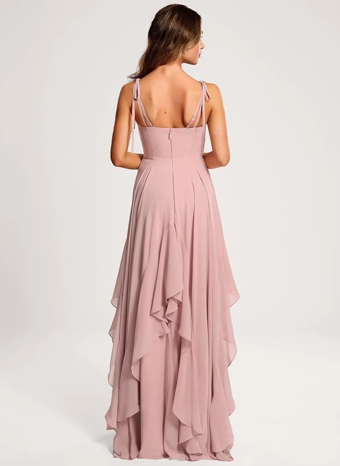 Spaghetti Strap Bridesmaid Dresses for Women Tiered Chiffon A Line Formal Evening Gown IK074