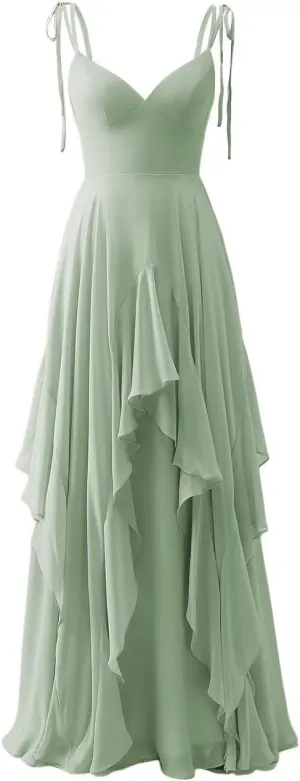 Spaghetti Strap Bridesmaid Dresses for Women Tiered Chiffon A Line Formal Evening Gown IK074