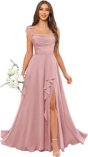 Spaghetti Straps Bridesmaid Dresses for Wedding A-Line Cowl Neck Ruffles Bow Tie Formal Evening Gown with Slit