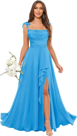 Spaghetti Straps Bridesmaid Dresses for Wedding A-Line Cowl Neck Ruffles Bow Tie Formal Evening Gown with Slit
