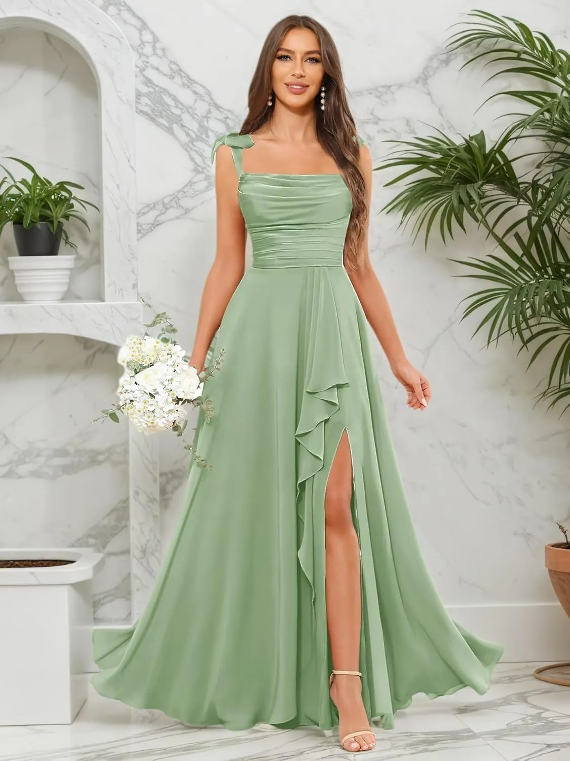 Spaghetti Straps Bridesmaid Dresses for Wedding A-Line Cowl Neck Ruffles Bow Tie Formal Evening Gown with Slit