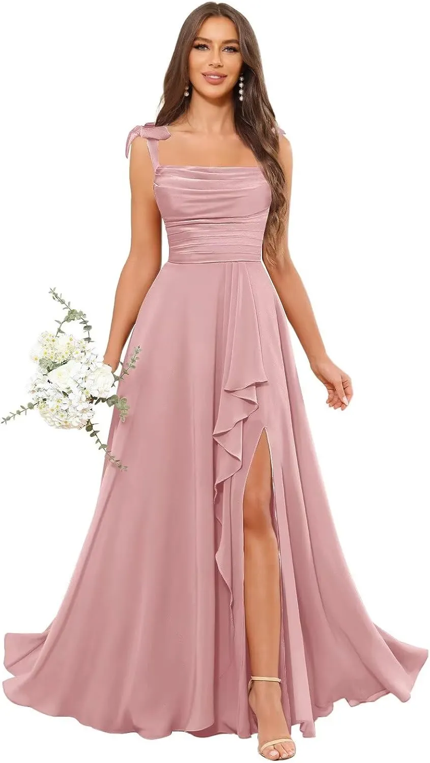 Spaghetti Straps Bridesmaid Dresses for Wedding A-Line Cowl Neck Ruffles Bow Tie Formal Evening Gown with Slit