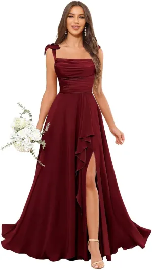 Spaghetti Straps Bridesmaid Dresses for Wedding A-Line Cowl Neck Ruffles Bow Tie Formal Evening Gown with Slit
