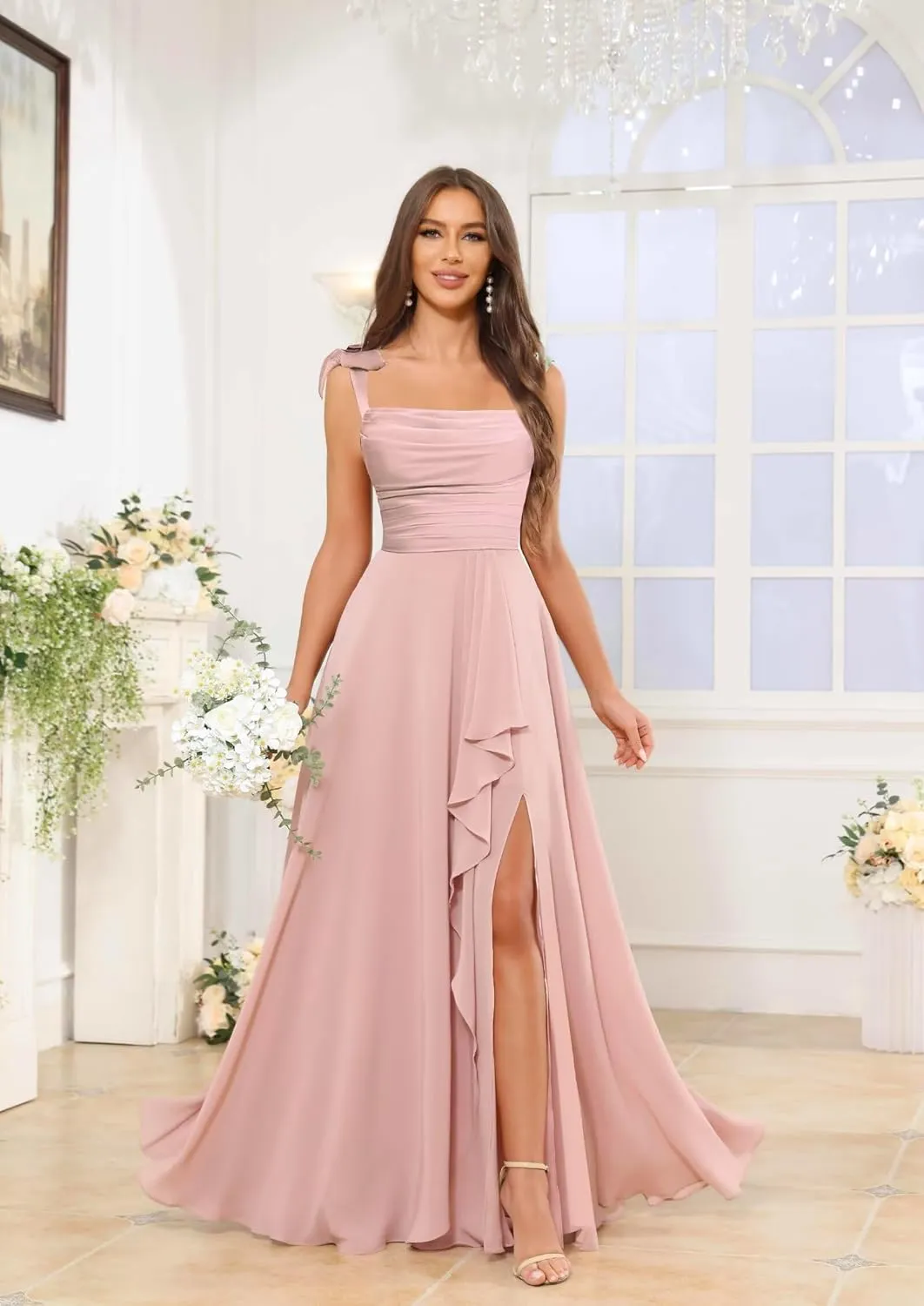 Spaghetti Straps Bridesmaid Dresses for Wedding A-Line Cowl Neck Ruffles Bow Tie Formal Evening Gown with Slit