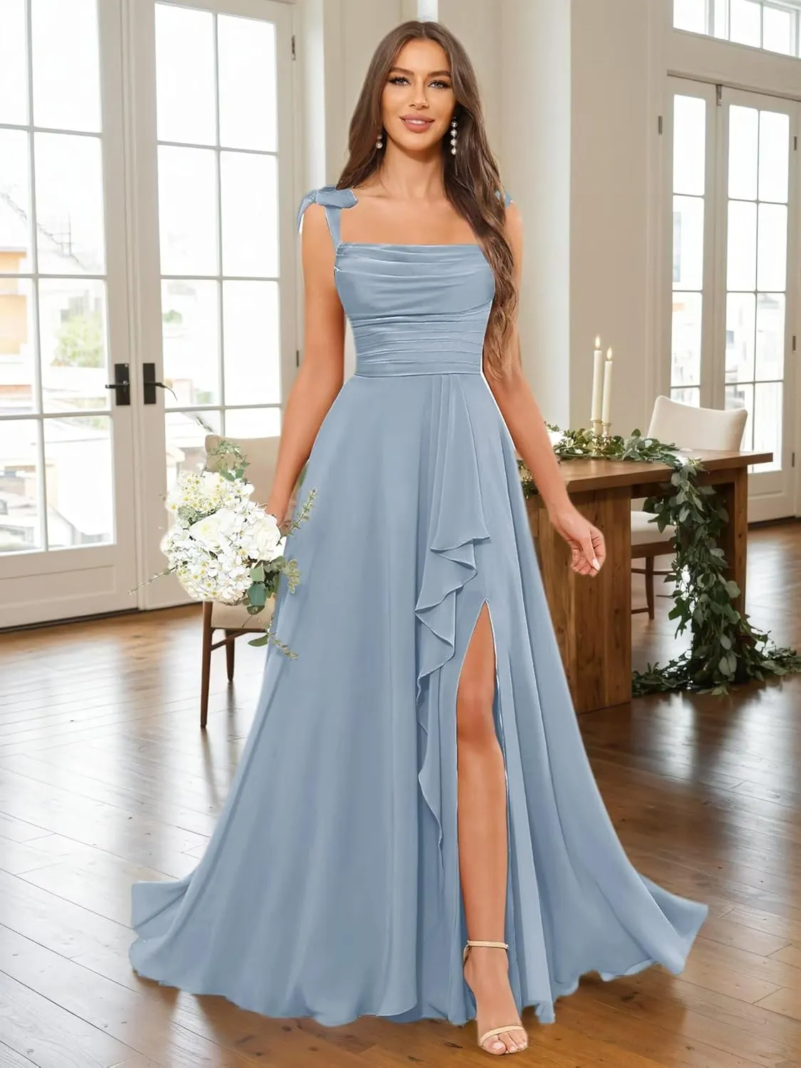 Spaghetti Straps Bridesmaid Dresses for Wedding A-Line Cowl Neck Ruffles Bow Tie Formal Evening Gown with Slit