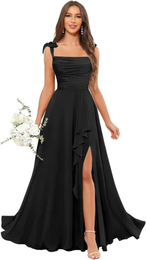 Spaghetti Straps Bridesmaid Dresses for Wedding A-Line Cowl Neck Ruffles Bow Tie Formal Evening Gown with Slit