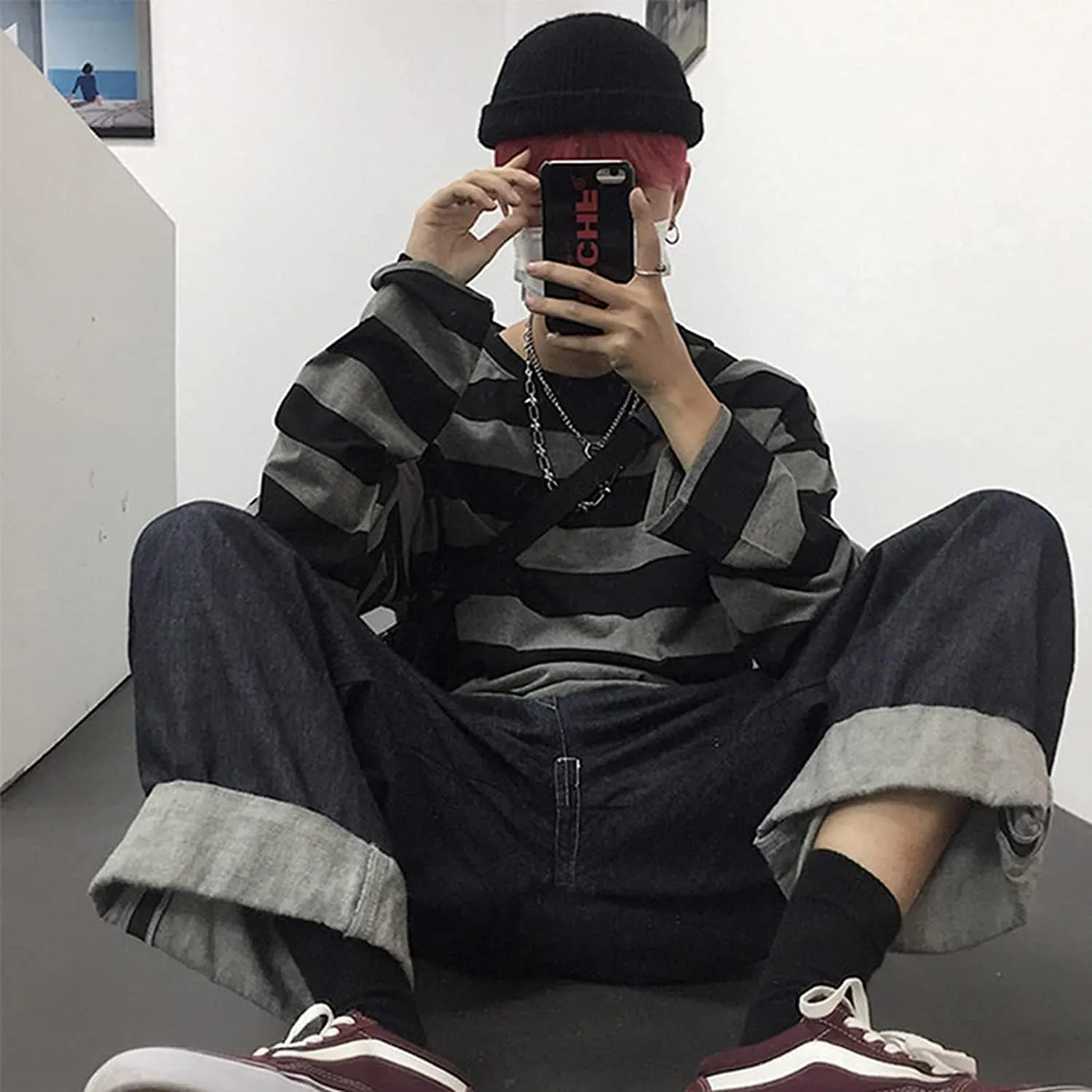 Striped Crewneck Long-Sleeve T-Shirt Alt Pullover Emo Shirt Punk Japanese Harajuku Streetwear