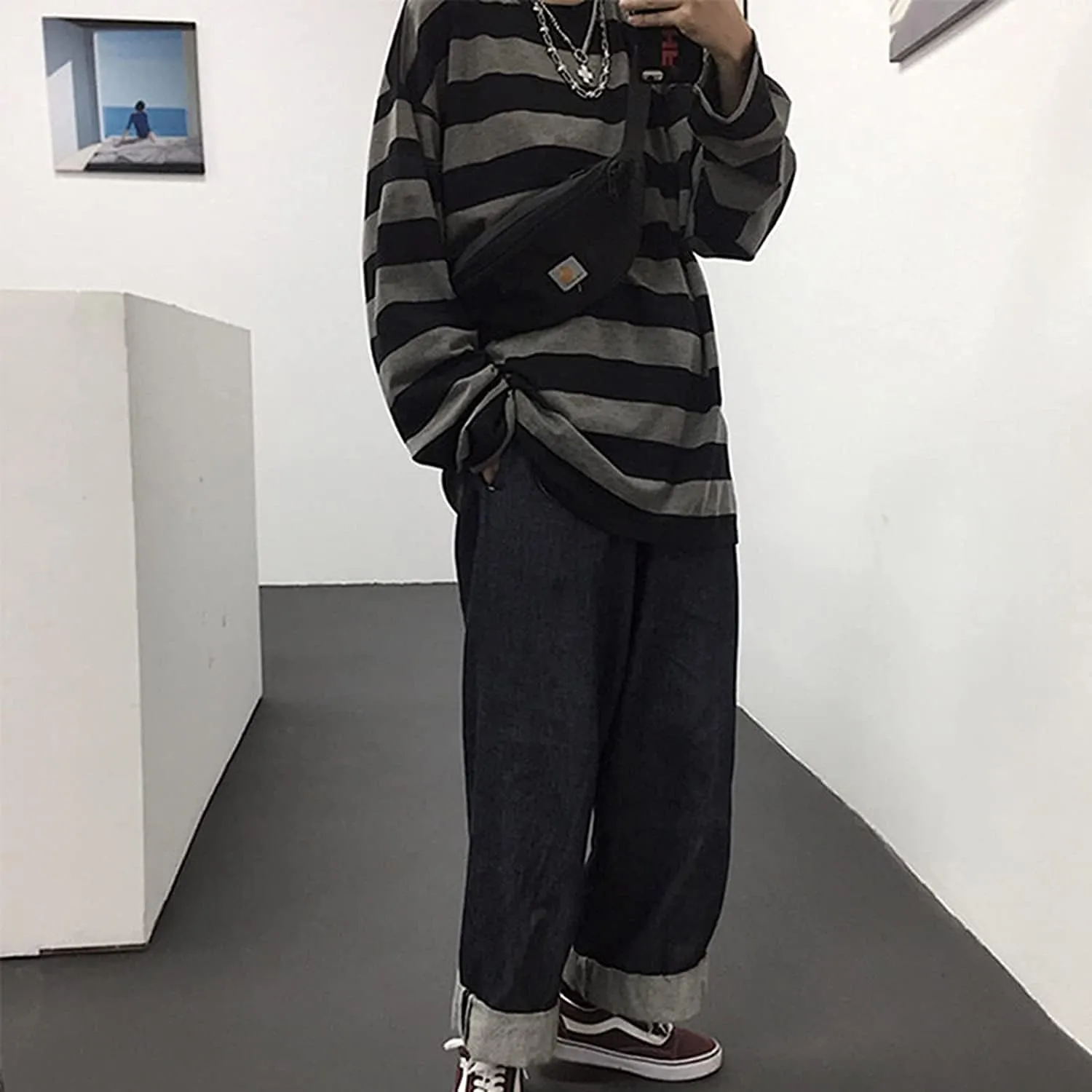 Striped Crewneck Long-Sleeve T-Shirt Alt Pullover Emo Shirt Punk Japanese Harajuku Streetwear
