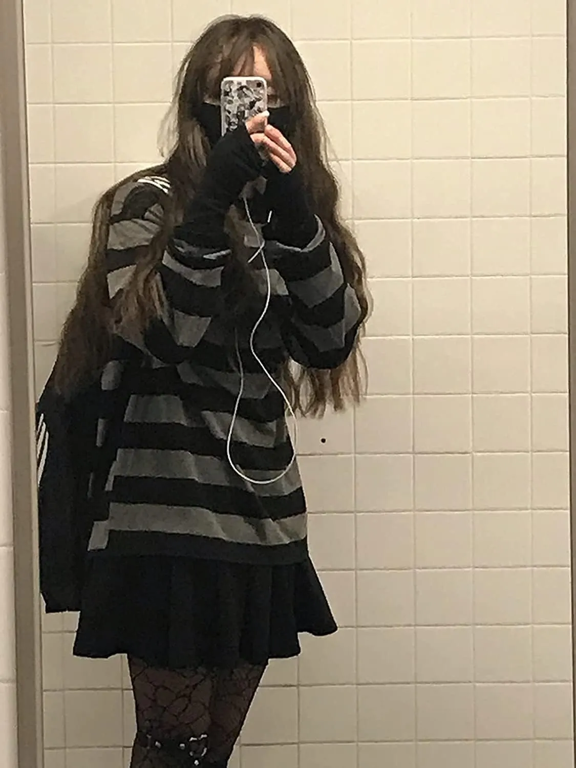 Striped Crewneck Long-Sleeve T-Shirt Alt Pullover Emo Shirt Punk Japanese Harajuku Streetwear