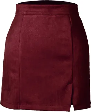 Suede Skirts for Women Side Split Mini Skirt Elastic High Waisted Work Office Business Bodycon Pencil Short Skirt