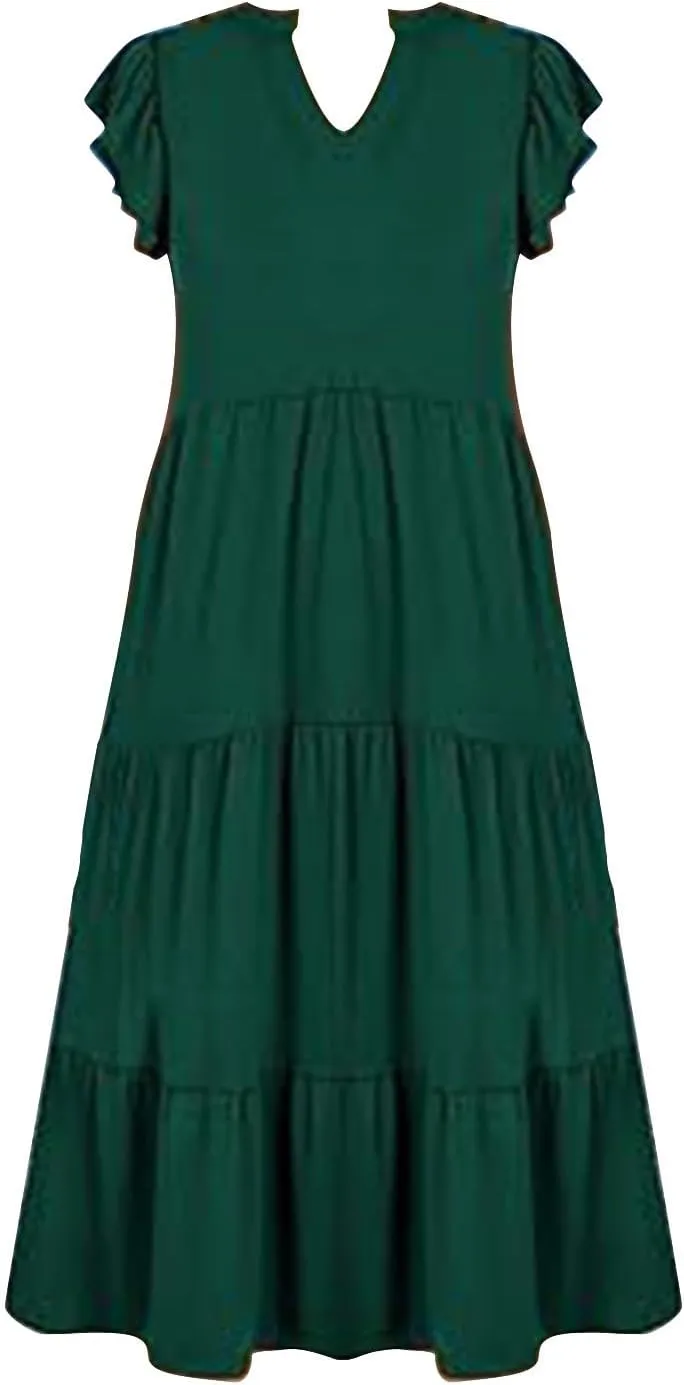 Summer Dresses for Women 2025 A-Line Ruffle Sleeve V-Neck Layered Midi Dress Flowy Casual Dresses