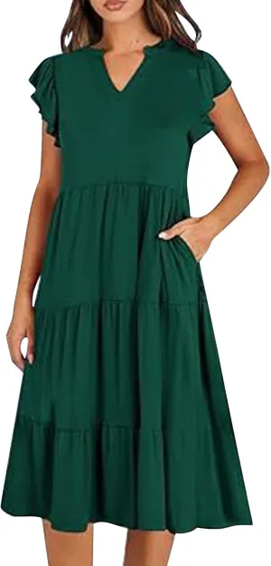 Summer Dresses for Women 2025 A-Line Ruffle Sleeve V-Neck Layered Midi Dress Flowy Casual Dresses