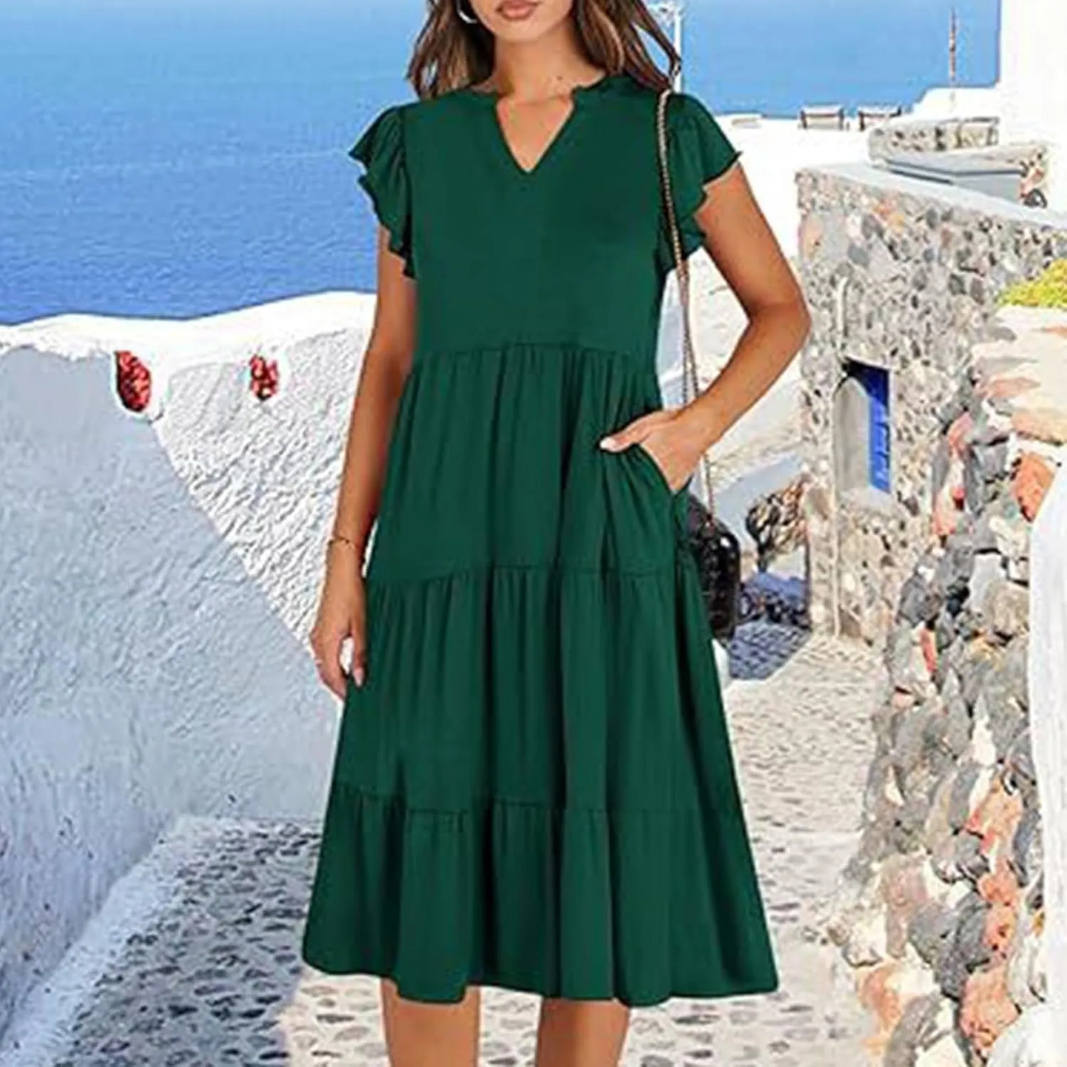 Summer Dresses for Women 2025 A-Line Ruffle Sleeve V-Neck Layered Midi Dress Flowy Casual Dresses