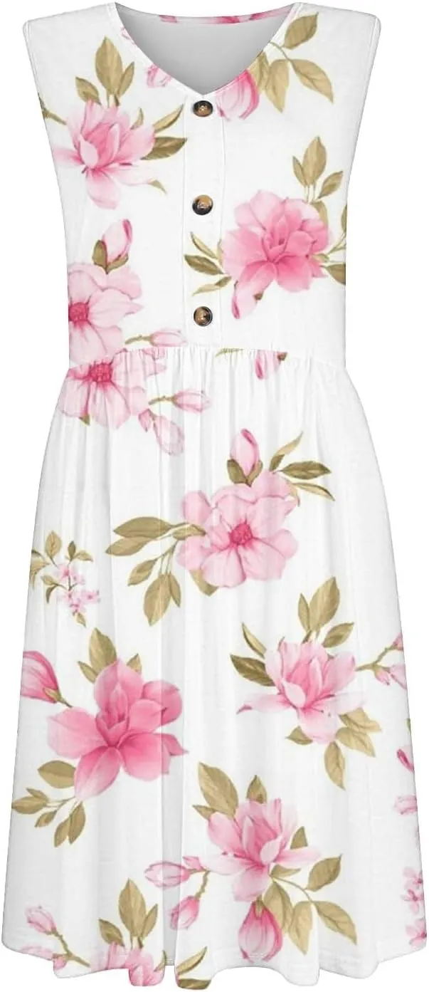 Summer Dresses for Women 2025 Casual Printed Sleeveless Loose Midi Dress with Pockets Sundresses for Women