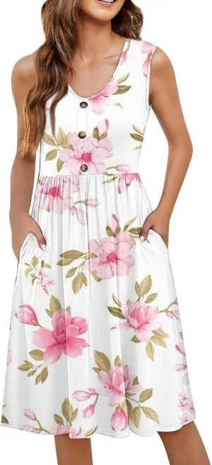 Summer Dresses for Women 2025 Casual Printed Sleeveless Loose Midi Dress with Pockets Sundresses for Women