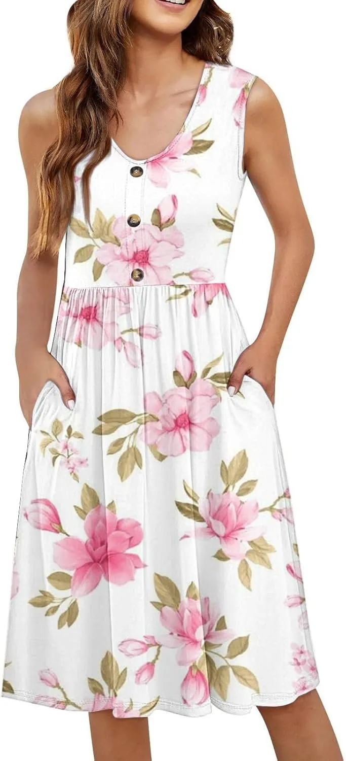 Summer Dresses for Women 2025 Casual Printed Sleeveless Loose Midi Dress with Pockets Sundresses for Women