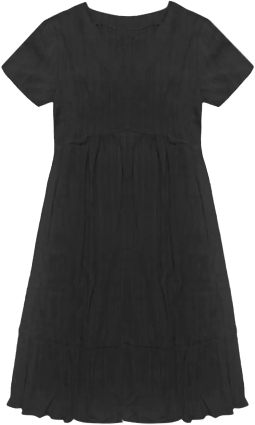 Summer Dresses for Women 2025 Solid V-Neck Short Sleeve Midi Dress Pleated Swing Short Beach Sundresses