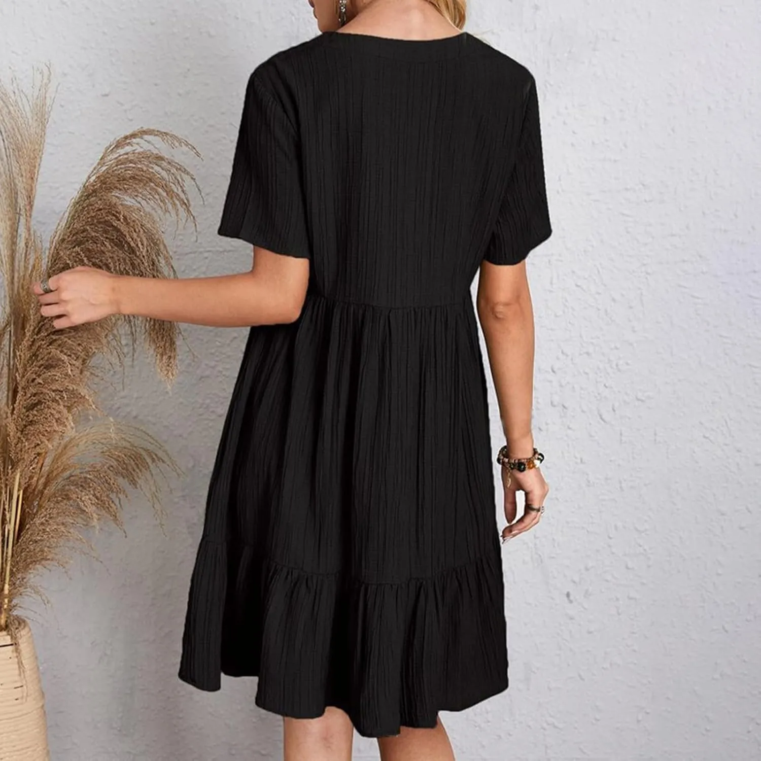 Summer Dresses for Women 2025 Solid V-Neck Short Sleeve Midi Dress Pleated Swing Short Beach Sundresses