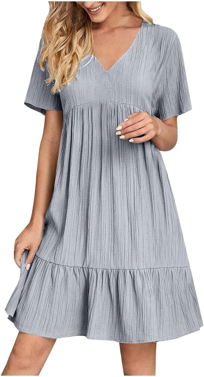 Summer Dresses for Women 2025 Solid V-Neck Short Sleeve Midi Dress Pleated Swing Short Beach Sundresses