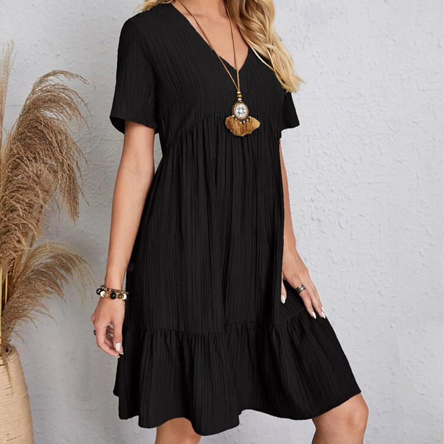 Summer Dresses for Women 2025 Solid V-Neck Short Sleeve Midi Dress Pleated Swing Short Beach Sundresses