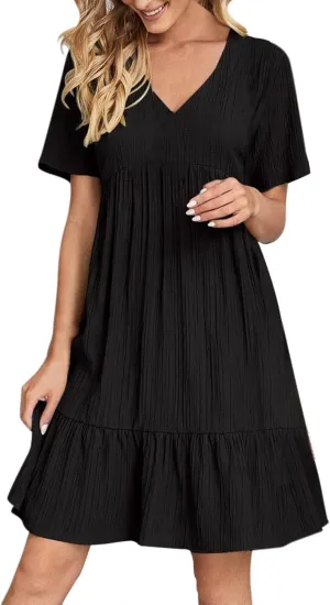 Summer Dresses for Women 2025 Solid V-Neck Short Sleeve Midi Dress Pleated Swing Short Beach Sundresses