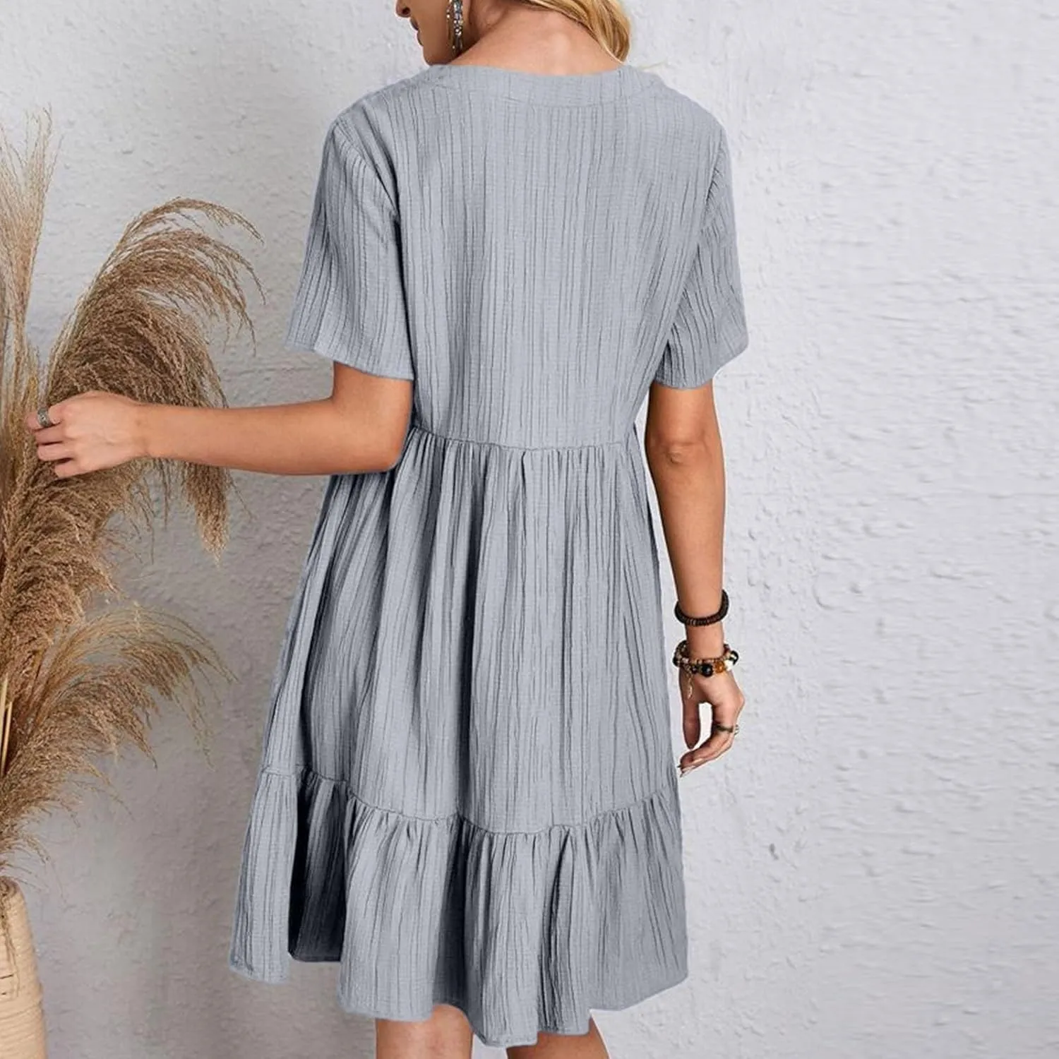 Summer Dresses for Women 2025 Solid V-Neck Short Sleeve Midi Dress Pleated Swing Short Beach Sundresses