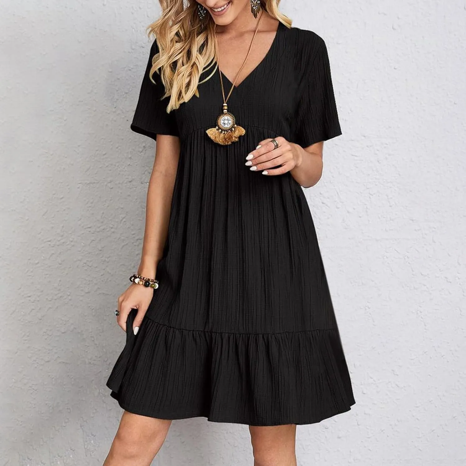 Summer Dresses for Women 2025 Solid V-Neck Short Sleeve Midi Dress Pleated Swing Short Beach Sundresses