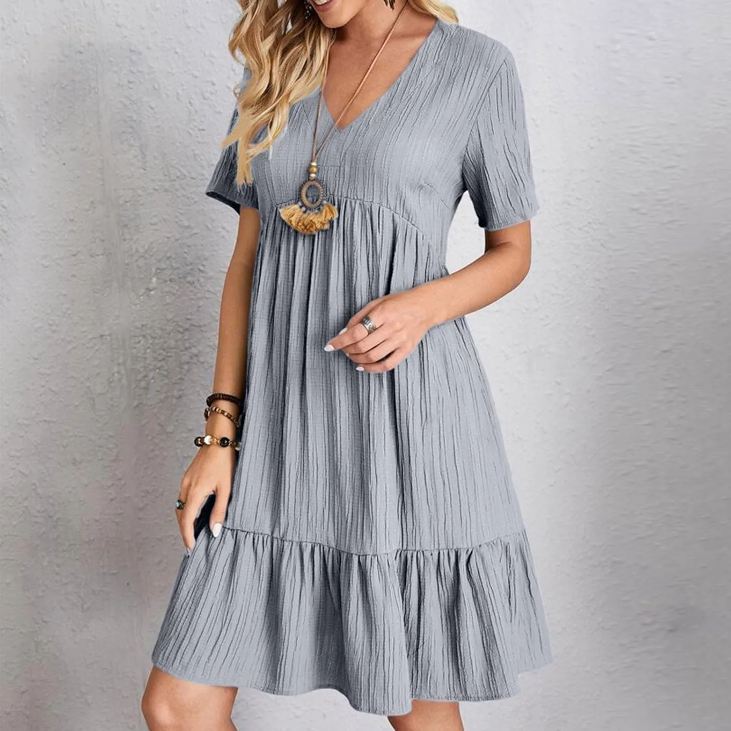 Summer Dresses for Women 2025 Solid V-Neck Short Sleeve Midi Dress Pleated Swing Short Beach Sundresses