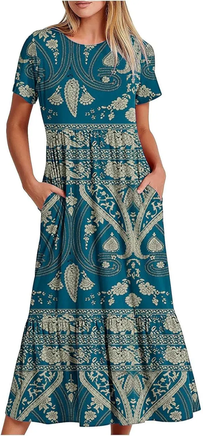 Summer Dresses Women 2024 Casual Short Sleeve Boho Flowy Sundress Crewneck Floral Tiered Maxi Dress with Pockets