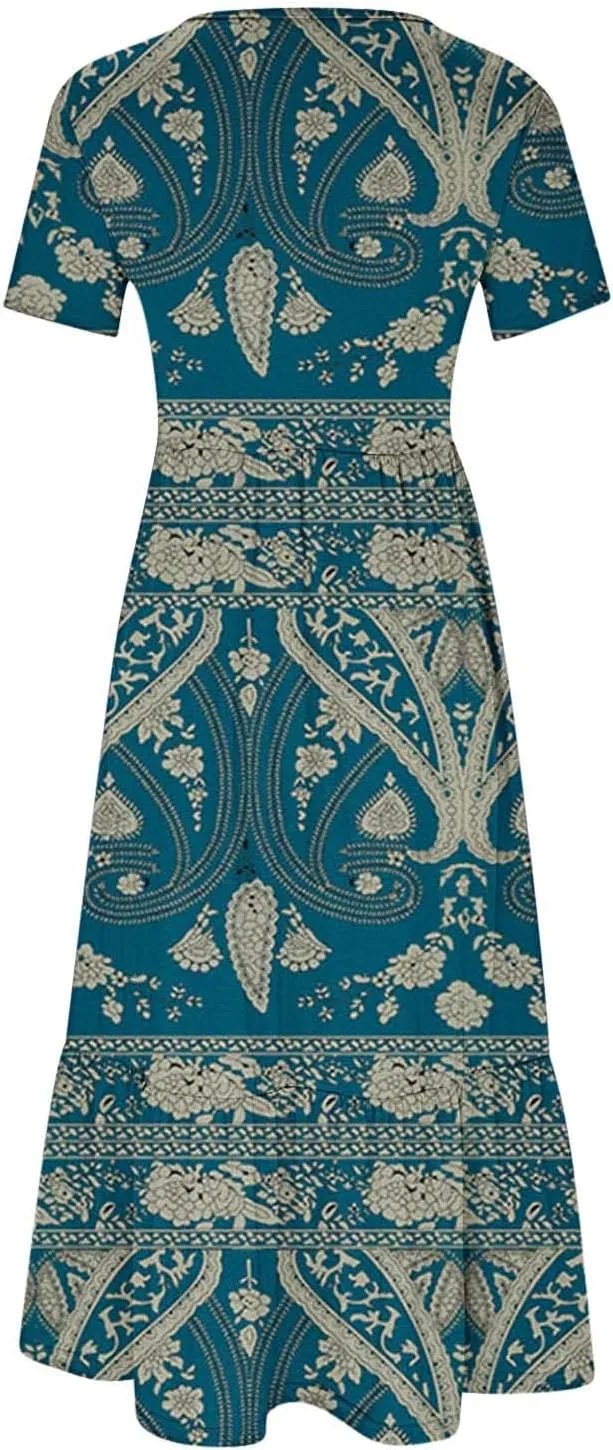 Summer Dresses Women 2024 Casual Short Sleeve Boho Flowy Sundress Crewneck Floral Tiered Maxi Dress with Pockets