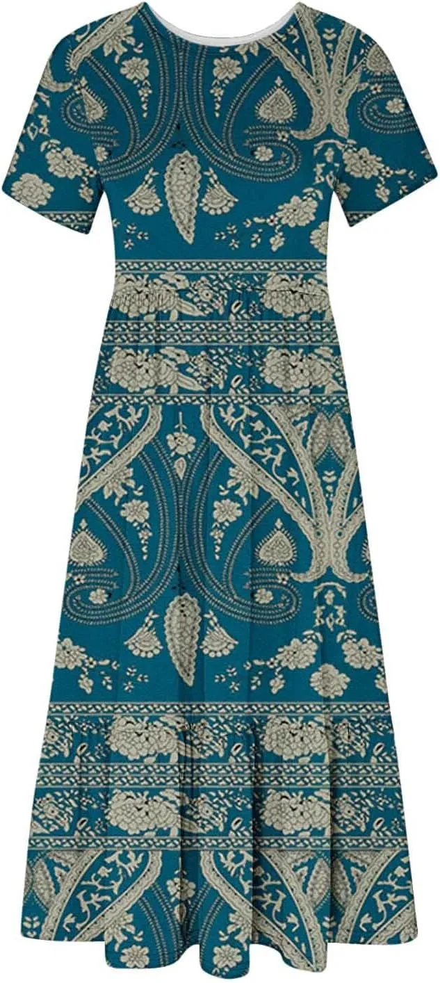 Summer Dresses Women 2024 Casual Short Sleeve Boho Flowy Sundress Crewneck Floral Tiered Maxi Dress with Pockets