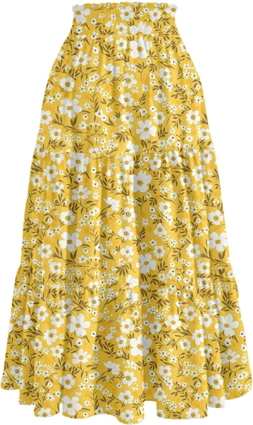 Summer Floral Midi Skirt for Women Comfy Tiered Elastic High Waisted Vacation A-Line Flowy Swing Long