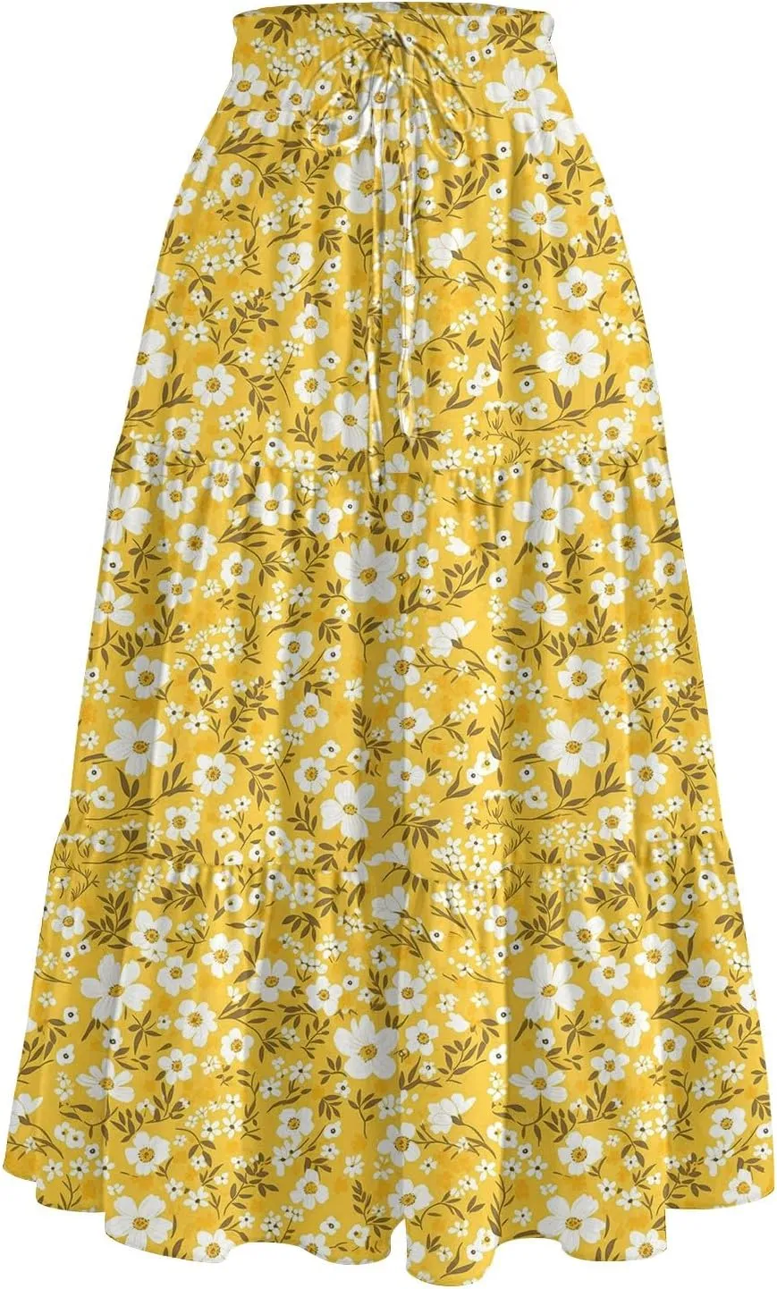 Summer Floral Midi Skirt for Women Comfy Tiered Elastic High Waisted Vacation A-Line Flowy Swing Long