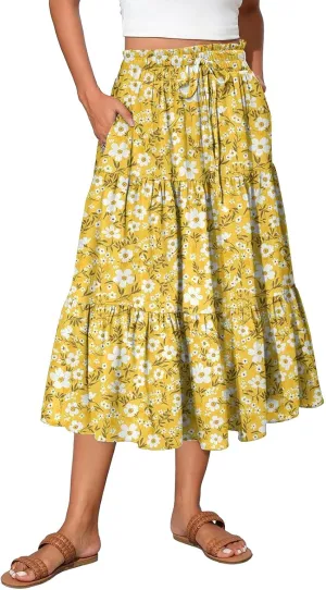 Summer Floral Midi Skirt for Women Comfy Tiered Elastic High Waisted Vacation A-Line Flowy Swing Long
