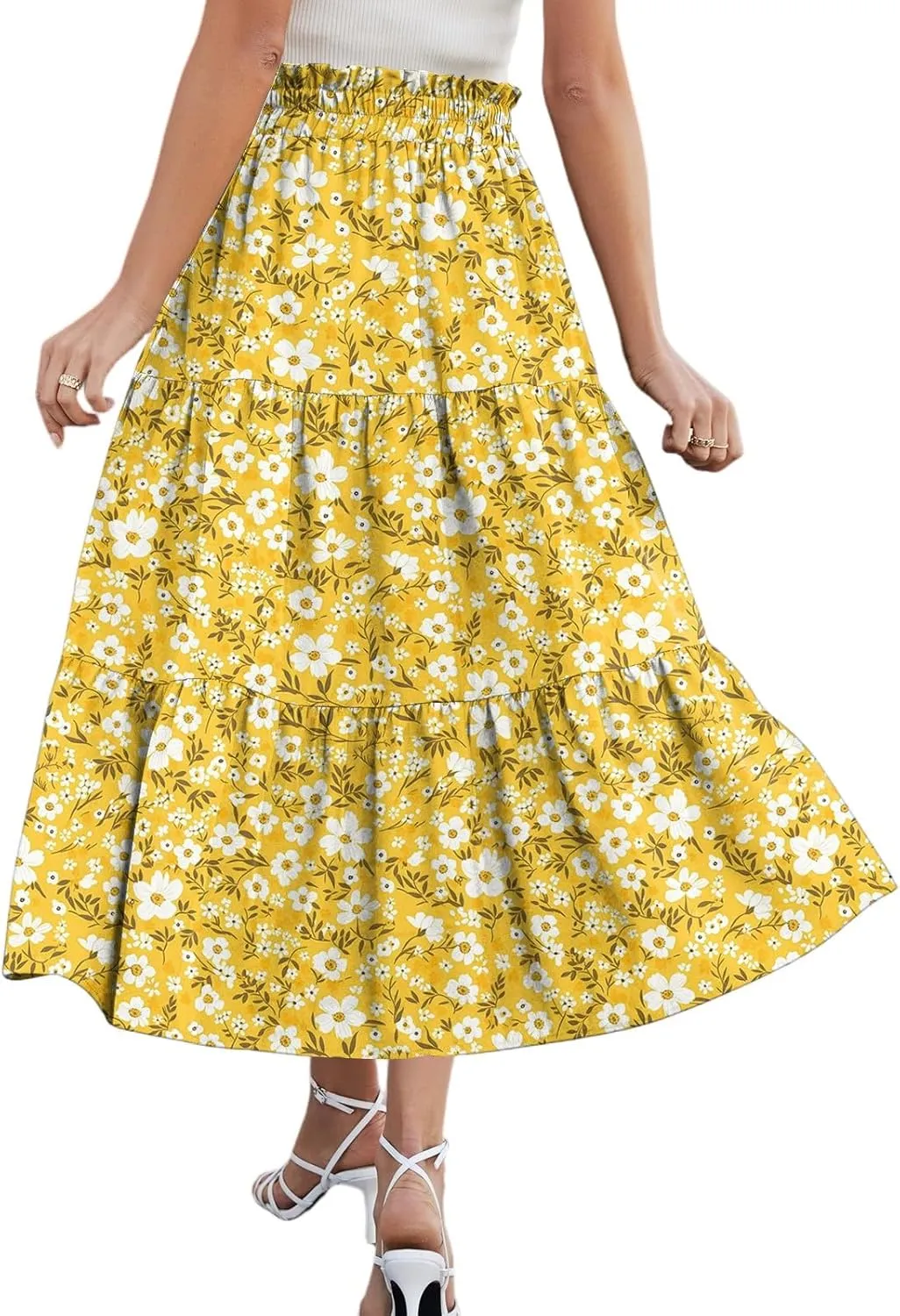 Summer Floral Midi Skirt for Women Comfy Tiered Elastic High Waisted Vacation A-Line Flowy Swing Long