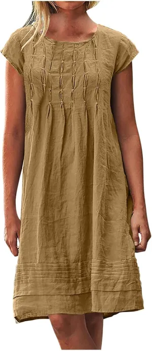 Summer Linen Dress for Women Cap Sleeve Midi Dress Plus Size Loose Dress Casual Pleated Dress Comfy Beach Dresses