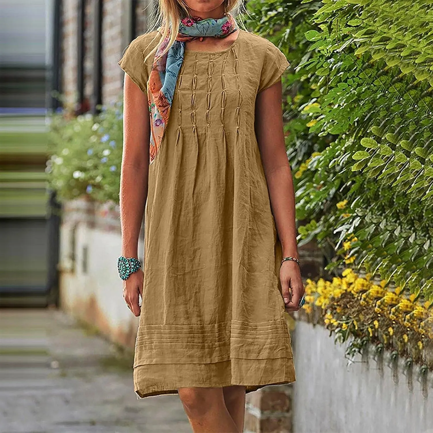 Summer Linen Dress for Women Cap Sleeve Midi Dress Plus Size Loose Dress Casual Pleated Dress Comfy Beach Dresses