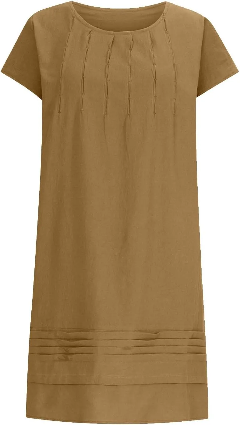 Summer Linen Dress for Women Cap Sleeve Midi Dress Plus Size Loose Dress Casual Pleated Dress Comfy Beach Dresses