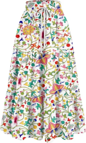 Summer Maxi Skirts for Women Boho Drawstring Elastic High Waist Long Skirts A Line Floral Pleated Tiered Loose Skirt