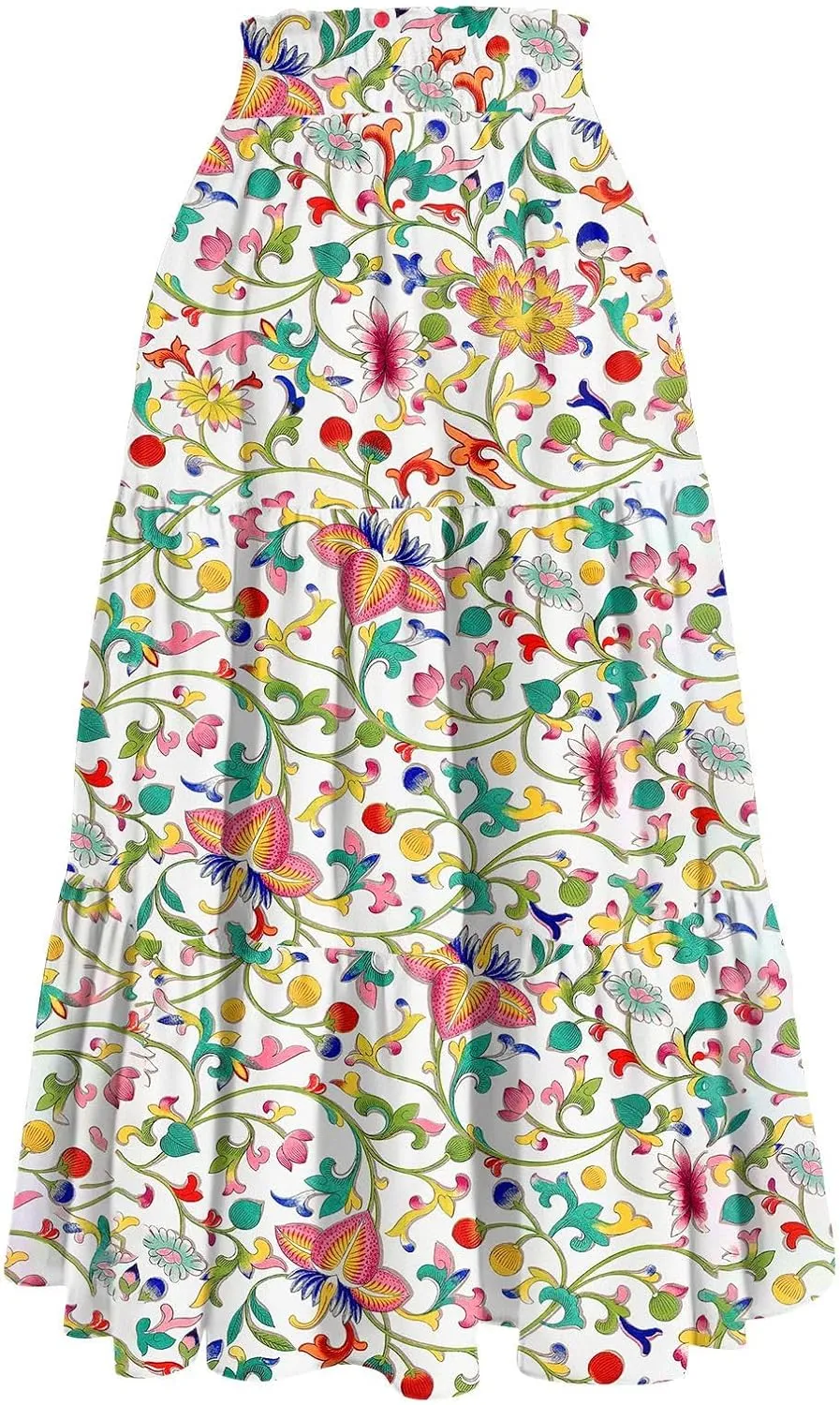 Summer Maxi Skirts for Women Boho Drawstring Elastic High Waist Long Skirts A Line Floral Pleated Tiered Loose Skirt
