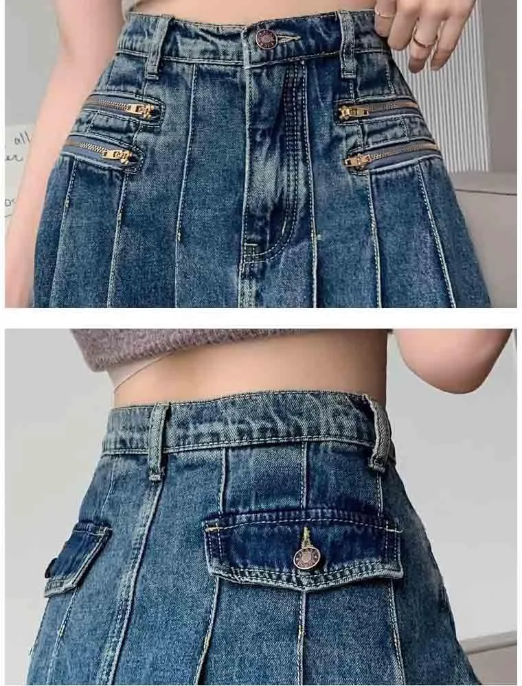Summer Retro Pleated Denim Skirt, Fashionable and Aesthetic, high Waisted A-line Skirt, Harajuku Denim Skirt