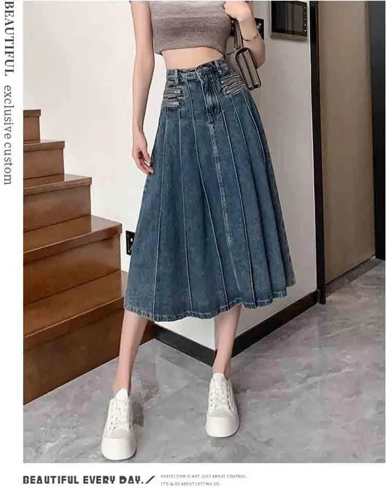 Summer Retro Pleated Denim Skirt, Fashionable and Aesthetic, high Waisted A-line Skirt, Harajuku Denim Skirt