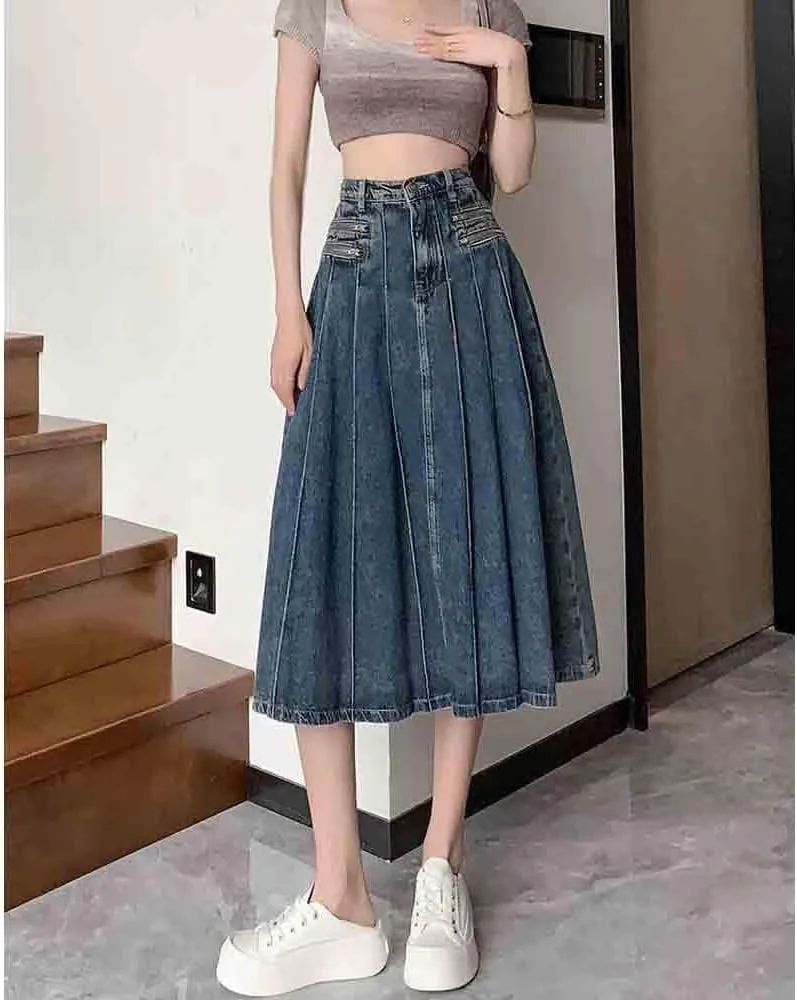 Summer Retro Pleated Denim Skirt, Fashionable and Aesthetic, high Waisted A-line Skirt, Harajuku Denim Skirt