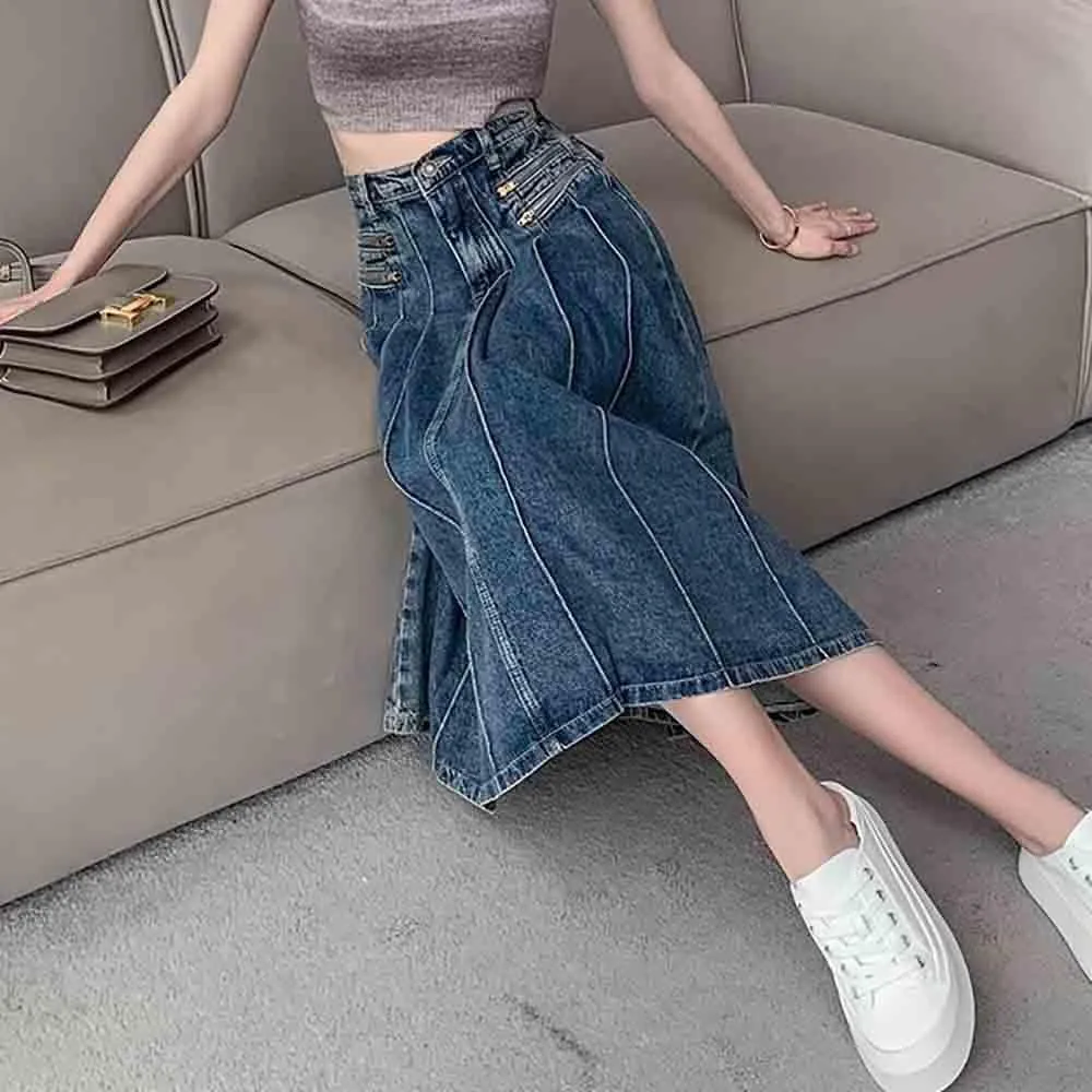 Summer Retro Pleated Denim Skirt, Fashionable and Aesthetic, high Waisted A-line Skirt, Harajuku Denim Skirt