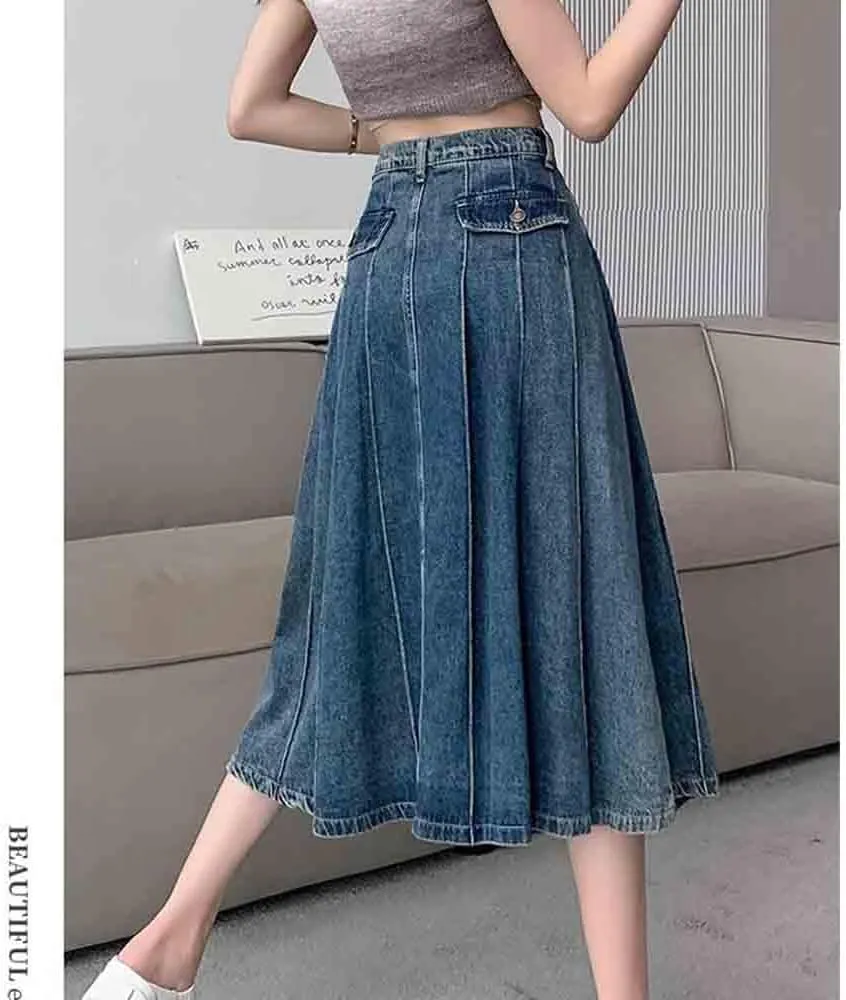 Summer Retro Pleated Denim Skirt, Fashionable and Aesthetic, high Waisted A-line Skirt, Harajuku Denim Skirt