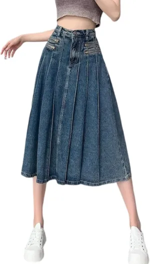 Summer Retro Pleated Denim Skirt, Fashionable and Aesthetic, high Waisted A-line Skirt, Harajuku Denim Skirt