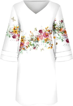 Summer Spring Womens V Neck Cute Shift Dress with Pockets Bell Sleeve Ruffle Hem Loose Swing Summer Tunic Mini Dress